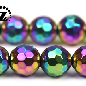 Ematite sfaccettata (128 facce) perlina rotonda,ematite arcobaleno,ematite elettrolitica,grado AA,pietra preziosa,fai da te,6mm 8mm 10mm 12mm,15&quot; filo pieno