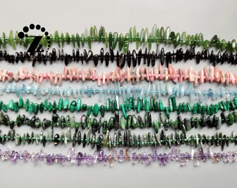 Canada Jade,Ametrine,Hypersthene,Rhodonite,Aquamarine,Malachite,Clinochlore,Ruby Zoisite Graduated Stick Beads,Top Drilled,15" full strand