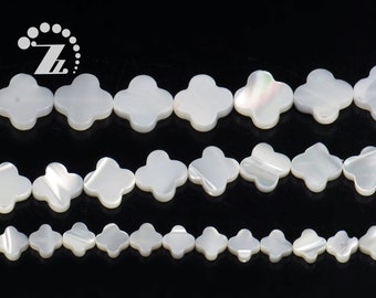 Mother of Pearl Four Leaf Clover Beads, White Shell Scallop, 15" Strand