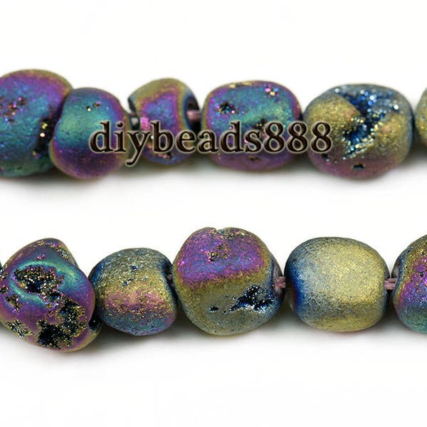 Druzy Agate,Natural Electroplated Agate,Titanium Coated druzy Agate nugget Bead,Gemstone,6-8mm 8-10mm 10-12mm for Choice,15" full strand