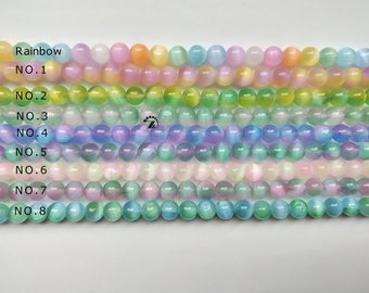 Genuine Selenite Cat's Eye Gemstone Smooth Round Beads,Rainbow,Gradient Color,6mm 8mm 10mm,15" full strand