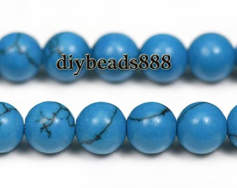 Perles rondes lisses turquoise synthétiques, 6mm 8mm 10mm 12mm 14mm au choix, brin complet de 15 pouces