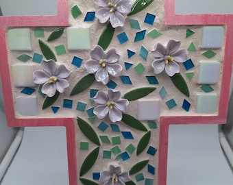 Pink Mosaic Cross with Flowers