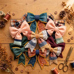 May include: A collection of fabric hair bows in various patterns and colors, including solid peach, dark green, burgundy, and plaid. The bows feature quilted textures, floral prints, gingham checks, and gold leaf accents, arranged on a wooden surface.