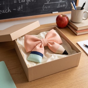 Può includere: Un fiocco in tessuto a forma di matita, con corpo color pesca, punta beige con estremità nera e una sezione gomma verde chiaro con una fascia blu scuro, adagiato all'interno di una scatola regalo in cartone beige foderata con carta velina.