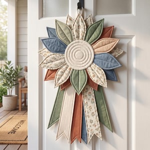 May include: A fabric wall hanging shaped like a large flower with quilted petals in shades of blue, green, rust, and cream floral patterns. The center is a circular quilted disc. Long, pointed fabric ribbons hang from the base in matching colors.