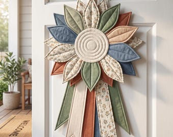 May include: A fabric wall hanging shaped like a large flower with quilted petals in shades of blue, green, rust, and cream floral patterns. The centre is a circular quilted disc. Long, pointed fabric ribbons hang from the base in matching colours.