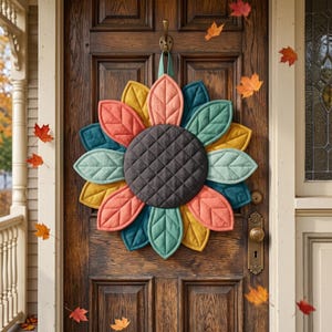May include: A fabric wall hanging shaped like a flower with a dark gray quilted center and layered petals in shades of mustard yellow, coral pink, and teal green. Each petal features a stitched leaf vein pattern, and the piece hangs from a hook.