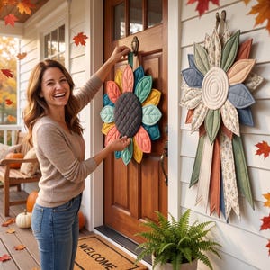 May include: A fabric sunflower wall hanging featuring a dark gray quilted center surrounded by multi-colored petals in shades of teal, yellow, and coral. A second, larger vertical fabric floral decoration with long hanging ribbons is mounted nearby.
