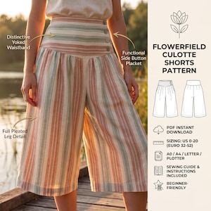Bloom High-Waisted Culottes Sewing Pattern | Digital Download Linen Palazzo Pants | Wide Leg Trouser Pattern for Women