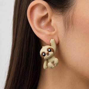 Sloth Earrings, Sleepy Cream Animal Studs, Funny Slow Life Jewelry, Tree Hugger Gift for Nature Lovers