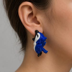 Baby Bluejay Earrings, Cute Blue Jay Bird Studs, 3D Printed Songbird Jewelry, Bird Watcher Gift