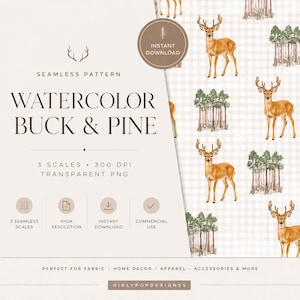 Könnte beinhalten: Eine digitale nahtlose Musterdatei mit Aquarellillustrationen von braunen Hirschen und grünen Kiefern auf einem hellbeigen karierten Hintergrund. Der Text lautet Watercolor Buck & Pine, Instant Download, 3 Scales, 300 DPI, Transparent PNG.