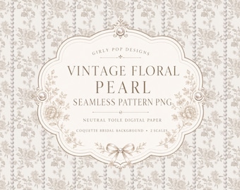 Neutralt höstblommigt pärlmönster sömlöst PNG, vintage toile digitalt papper, 2 skalor
