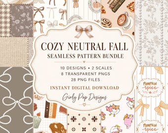Cozy Neutral Fall Seamless Pattern Bundle, Autumn Digital Paper PNGs (10 Designs)