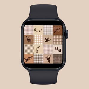 May include: A black smartwatch featuring a digital display with a grid pattern of sixteen squares. The squares alternate between brown and beige plaid designs and icons of deer antlers, a rifle, a standing deer, a flying duck, reeds, tracks, and a deer head.