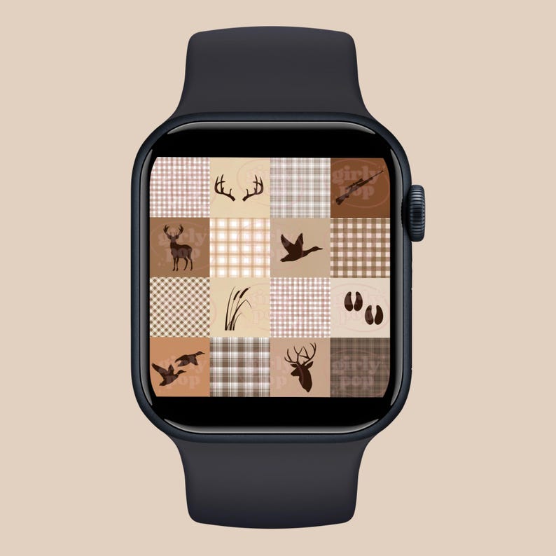 May include: A black smartwatch featuring a digital display with a grid pattern of sixteen squares. The squares alternate between brown and beige plaid designs and icons of deer antlers, a rifle, a standing deer, a flying duck, reeds, tracks, and a deer head.