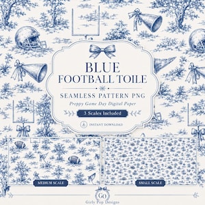 May include: A blue and white toile pattern featuring football helmets, megaphones, and goalposts. The central label reads BLUE FOOTBALL TOILE SEAMLESS PATTERN PNG, with smaller panels showing medium and small scale versions of the repeating design.