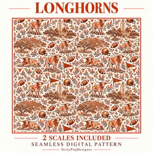 Carta digitale con motivo Longhorn Toile senza cuciture, arancione bruciato e crema, a tema football western, per una stampa digitale / 2 scale incluse
