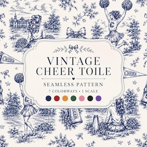 May include: A seamless pattern featuring a blue and white toile design with cheerleaders, pom-poms, megaphones, and school buildings. The central text reads VINTAGE CHEER TOILE SEAMLESS PATTERN 7 COLORWAYS 1 SCALE with seven colored circles below.