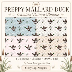 Ensemble de motifs sans couture de canard colvert preppy, damier de chasse du Sud PNG (téléchargement numérique)