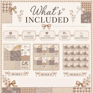Neutralt höstpatchwork sömlöst mönster PNG, Coquette Row Blommigt Gingham Digitalt Papper, 3 Skalor bild 3
