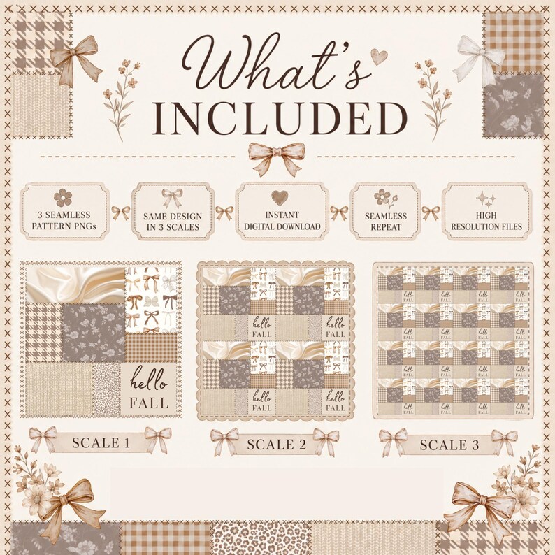 Neutralt höstpatchwork sömlöst mönster PNG, Coquette Row Blommigt Gingham Digitalt Papper, 3 Skalor bild 3