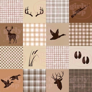 May include: A digital pattern featuring a grid of sixteen squares in shades of brown, tan, and white. The squares alternate between plaid or gingham backgrounds and dark brown silhouettes of deer antlers, a rifle, a standing deer, a flying duck, cattails, deer tracks, and two flying ducks.