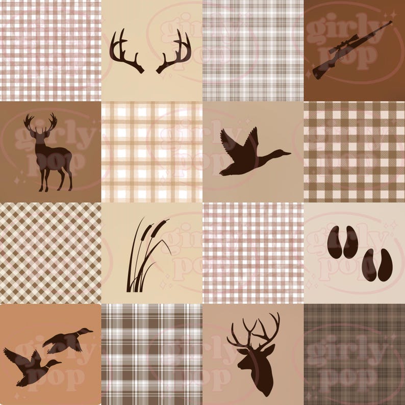 May include: A digital pattern featuring a grid of sixteen squares in shades of brown, tan, and white. The squares alternate between plaid or gingham backgrounds and dark brown silhouettes of deer antlers, a rifle, a standing deer, a flying duck, cattails, deer tracks, and two flying ducks.