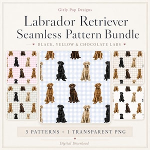 May include: A digital design bundle titled Labrador Retriever Seamless Pattern Bundle featuring black, yellow, and chocolate Labrador dogs on various gingham backgrounds. Includes five distinct patterns and one transparent PNG file for download.