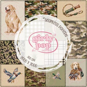 Naadloos patroon voor de jacht op eenden met een Golden Retriever | Camouflage patchwork digitale download