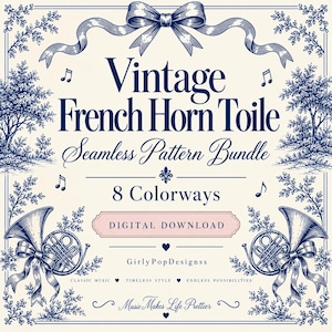 May include: A digital download graphic featuring the text Vintage French Horn Toile Seamless Pattern Bundle 8 Colorways. The design includes blue illustrations of French horns, ribbons, trees, and musical notes on a cream background.