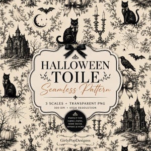 May include: A seamless pattern design featuring black ink illustrations of haunted houses, black cats, ghosts, bats, pumpkins, spiderwebs, and candelabras on a cream background. The central label reads HALLOWEEN TOILE Seamless Pattern.