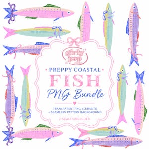 Ensemble d'images PNG de poissons côtiers preppy | Nœuds pastel, motif nautique sans couture (Téléchargement numérique)