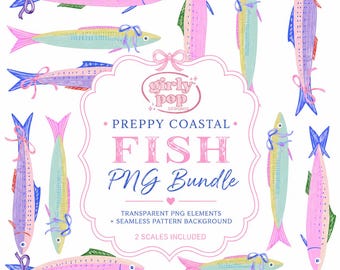 Preppy Coastal Fish PNG Bundle | Pastel Bows, Nautical Seamless Pattern (Digital Download)