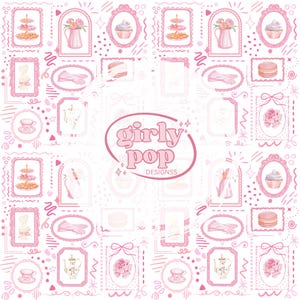 Délicat/élégant modèle sans couture rose Tea Party, coquette, pâtisseries, fleurs PNG (téléchargement numérique)
