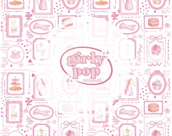 Dainty / Elegant Pink Tea Party seamless pattern, coquette, pastries, flowers PNG (Digital Download)