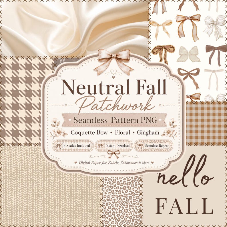 Neutralt höstpatchwork sömlöst mönster PNG, Coquette Row Blommigt Gingham Digitalt Papper, 3 Skalor bild 1