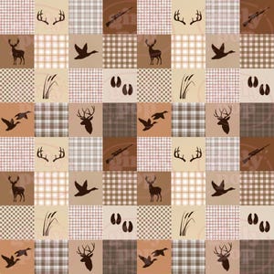 May include: A repeating patchwork pattern featuring brown silhouettes of deer, antlers, ducks, rifles, and animal tracks. The design alternates between solid tan squares and various plaid or checkered squares in shades of brown, beige, and white.