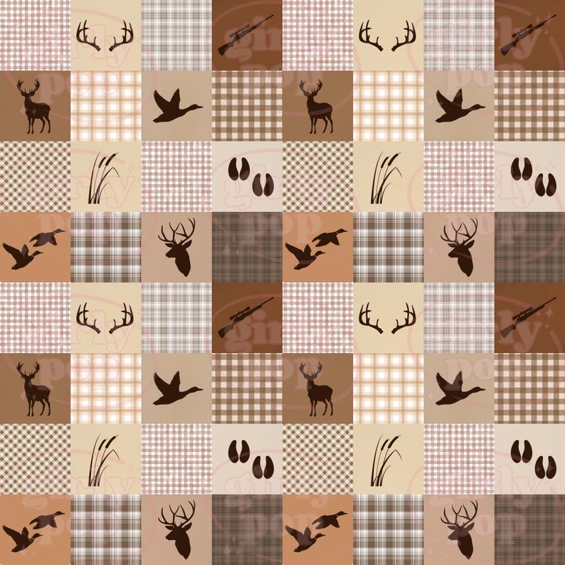 May include: A repeating patchwork pattern featuring brown silhouettes of deer, antlers, ducks, rifles, and animal tracks. The design alternates between solid tan squares and various plaid or checkered squares in shades of brown, beige, and white.
