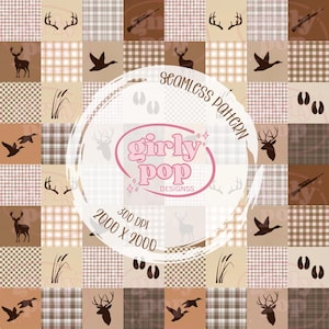 May include: A seamless digital pattern featuring a grid of brown and beige squares with hunting-themed icons including deer silhouettes, antlers, ducks, cattails, rifles, and hoof prints. The center displays text reading girly pop DESIGNSS.