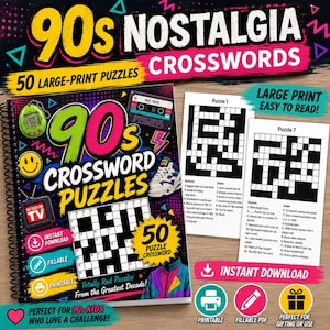 以下が含まれることがあります： 「90s Nostalgia Crosswords」というタイトルのスパイラル綴じの本で、50問のラージプリントクロスワードパズルが掲載されています。表紙にはデジタルペット、カセットテープ、スニーカー、ウィンドブレーカーが描かれています。パズルのサンプルページが2枚表示されています。