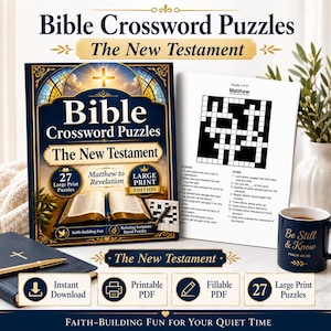 Puede incluir: Un libro de crucigramas bíblicos titulado The New Testament en edición de letra grande, con 27 acertijos desde Mateo hasta Apocalipsis. Incluye opciones de descarga instantánea, PDF imprimible y PDF rellenable.
