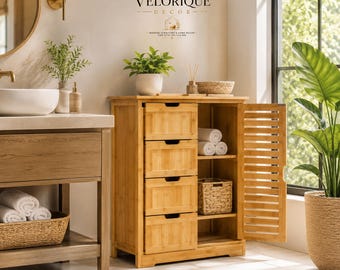 Bamboo Bathroom Storage Cabinet with Drawers, Freestanding Floor Organizer, Natural Wood Cabinet for Bathroom Living Room