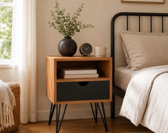 Moderner Nachttisch mit Schublade, Mid Century Nachttisch, Beistelltisch aus Holz mit Haarnadel Beinen, Schlafzimmer Schrank