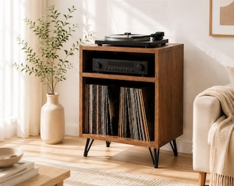 Mid Century Record Player Stand with Vinyl Storage, Walnut Turntable Cabinet, Modern Audio Console, LP Record Shelf Furniture