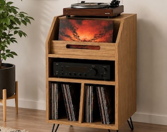 Mid Century Record Player Stand with Vinyl Storage, Walnut Turntable Cabinet, LP Record Organizer, Audio Shelf Cabinet