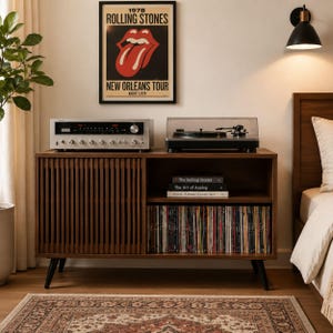 Walnut Record Player Stand with Sliding Door, Vinyl Storage Cabinet, Mid Century Media Console, Turntable Stand, LP Organizer