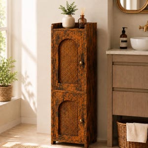 May include: A tall, narrow, dark brown wood-grain storage cabinet featuring two doors with arched, woven rattan panels and small, round gold-toned knobs. The cabinet has a rectangular frame and stands on four short, sturdy feet.