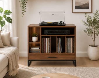 Mid-Century Modern Record Player Stand, Wood Media Console Table